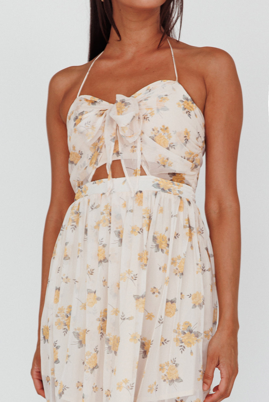 Los Feliz Tied Bust Halterneck Midi Dress Sheer Floral Yellow by Selfie Leslie Australia