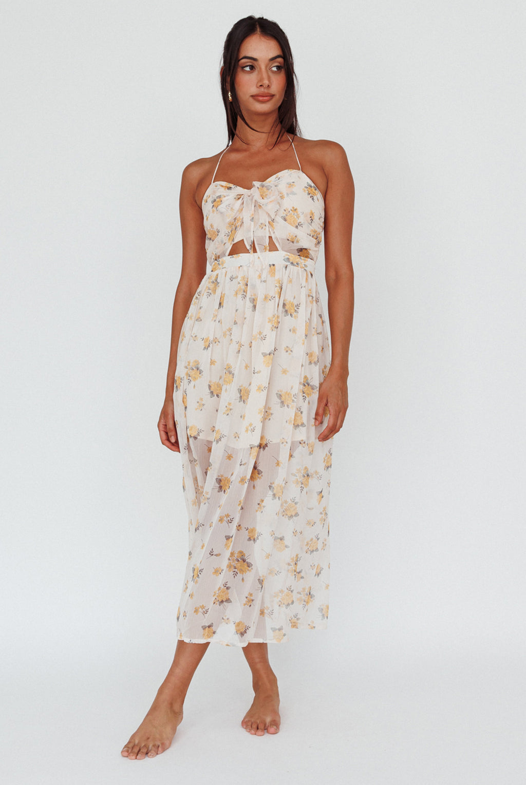 Los Feliz Tied Bust Halterneck Midi Dress Sheer Floral Yellow by Selfie Leslie Australia