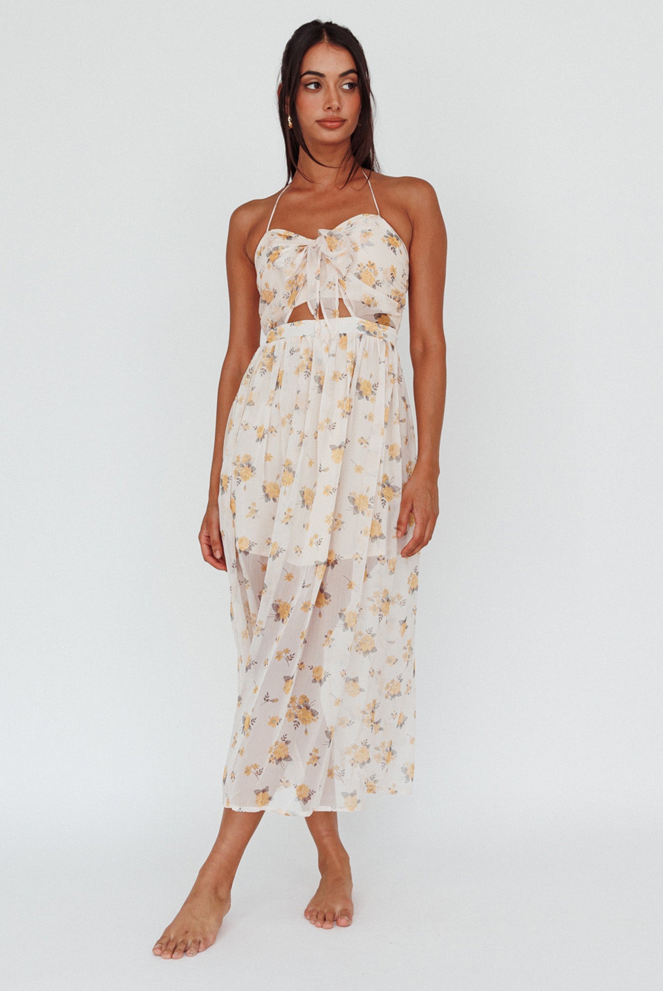 Los Feliz Tied Bust Halterneck Midi Dress Sheer Floral Yellow by Selfie Leslie Australia