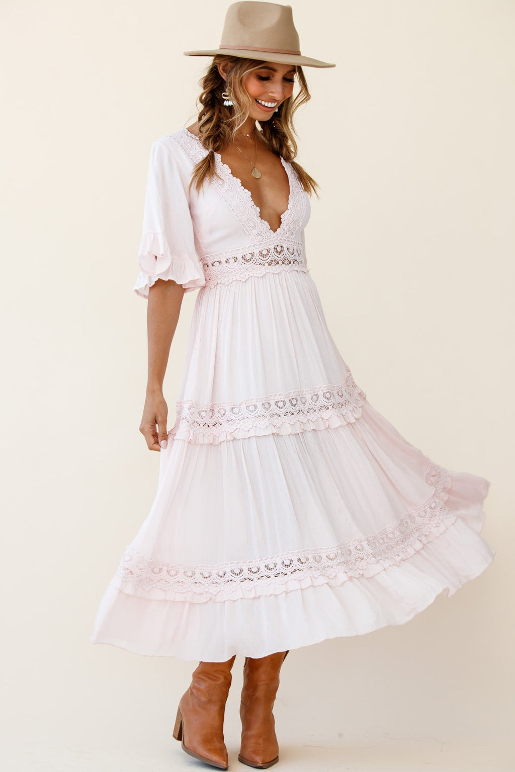 Indio Crochet Insert Deep V-Neckline Angel Sleeve Maxi Dress Pink by Selfie Leslie