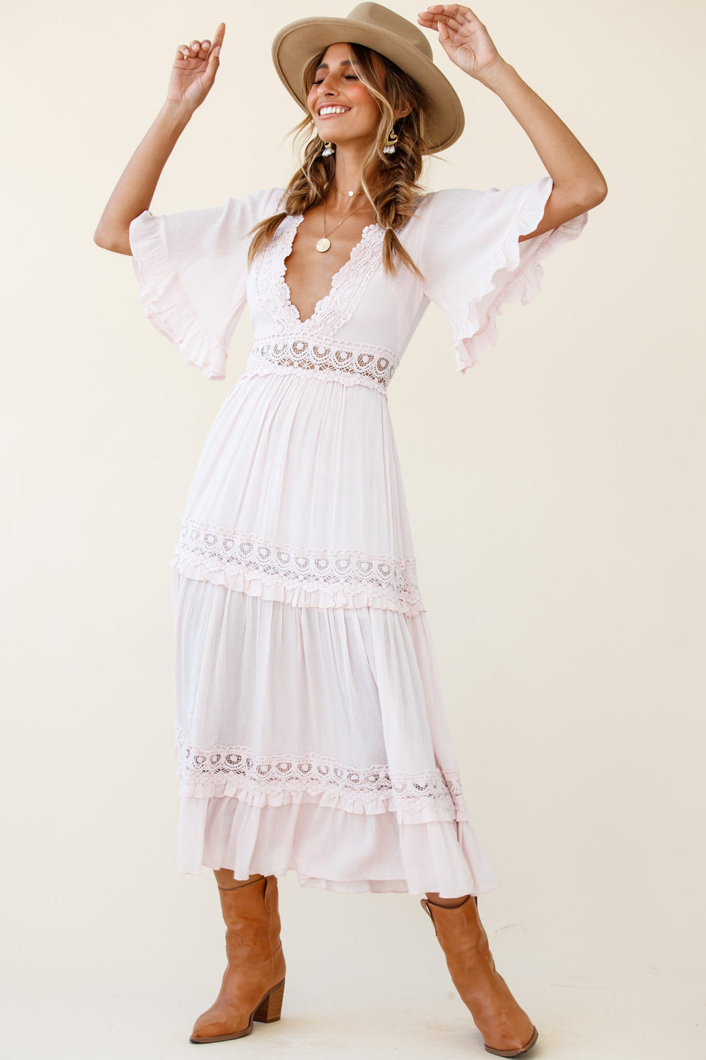 Indio Crochet Insert Deep V-Neckline Angel Sleeve Maxi Dress Pink by Selfie Leslie