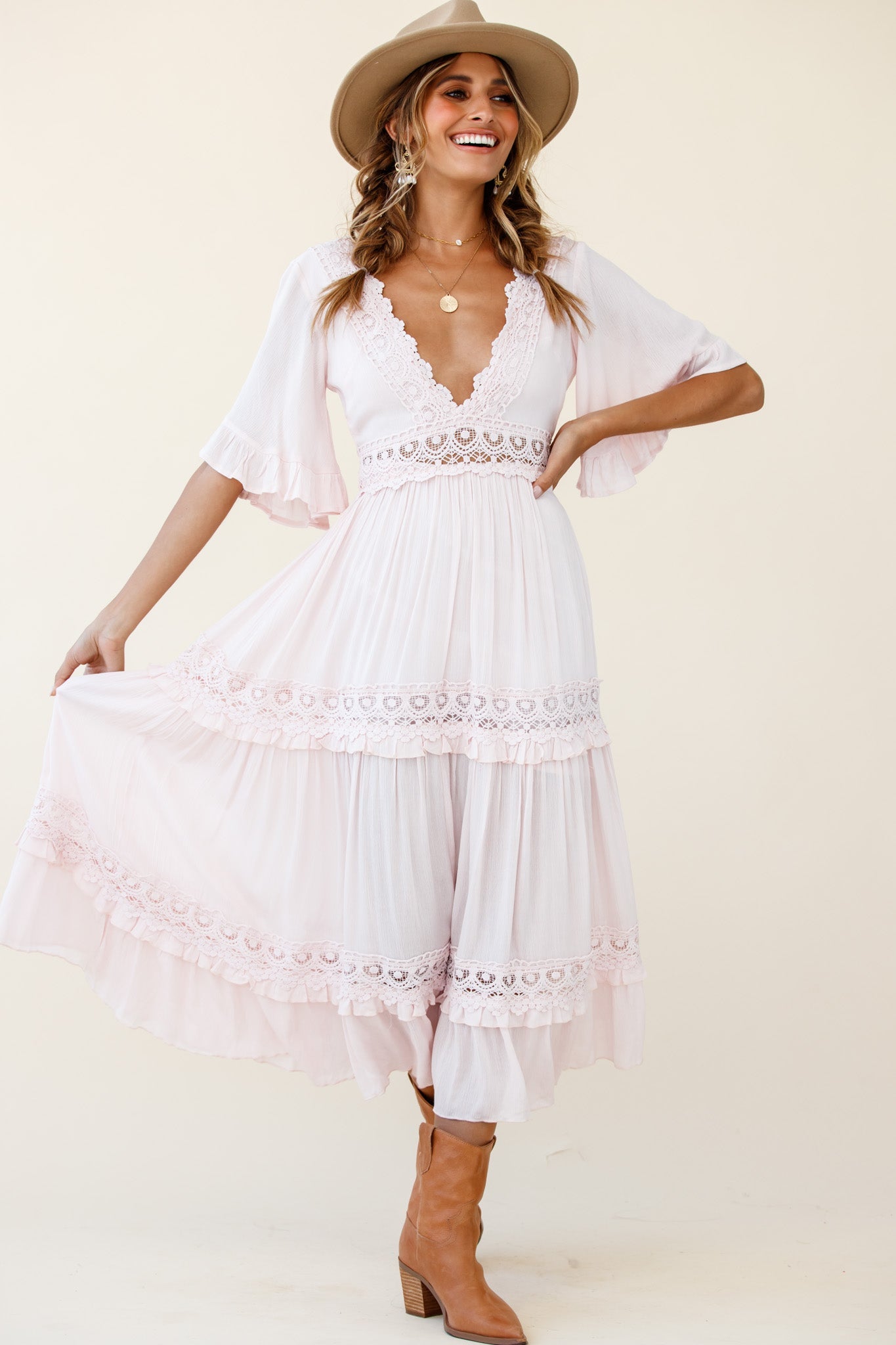 Indio Crochet Insert Deep V-Neckline Angel Sleeve Maxi Dress Pink by Selfie Leslie