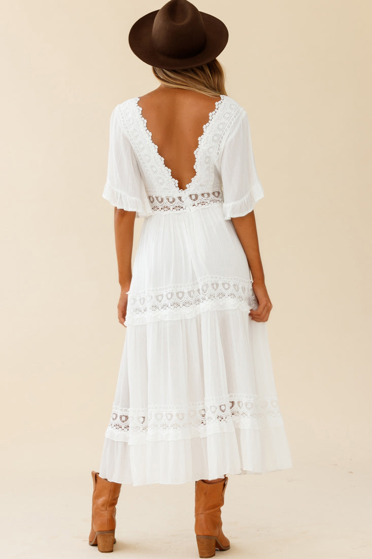 Indio Crochet Insert Deep V-Neckline Angel Sleeve Maxi Dress White by Selfie Leslie