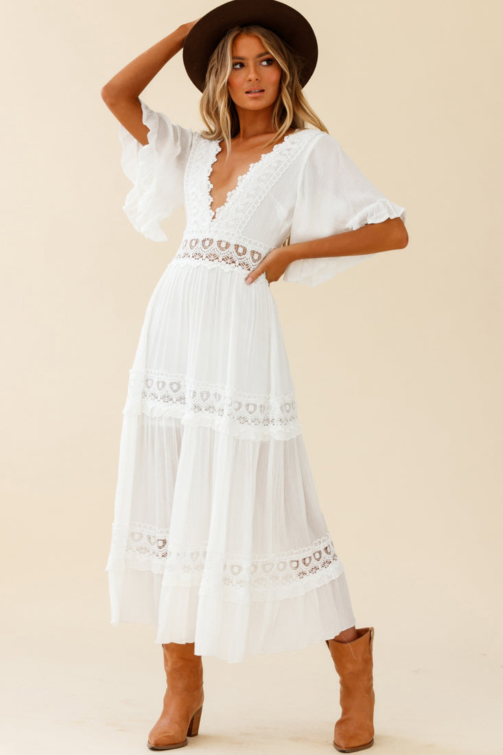 Indio Crochet Insert Deep V-Neckline Angel Sleeve Maxi Dress White by Selfie Leslie