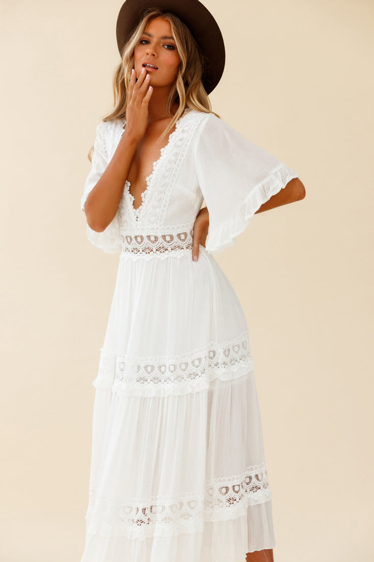 Indio Crochet Insert Deep V-Neckline Angel Sleeve Maxi Dress White by Selfie Leslie