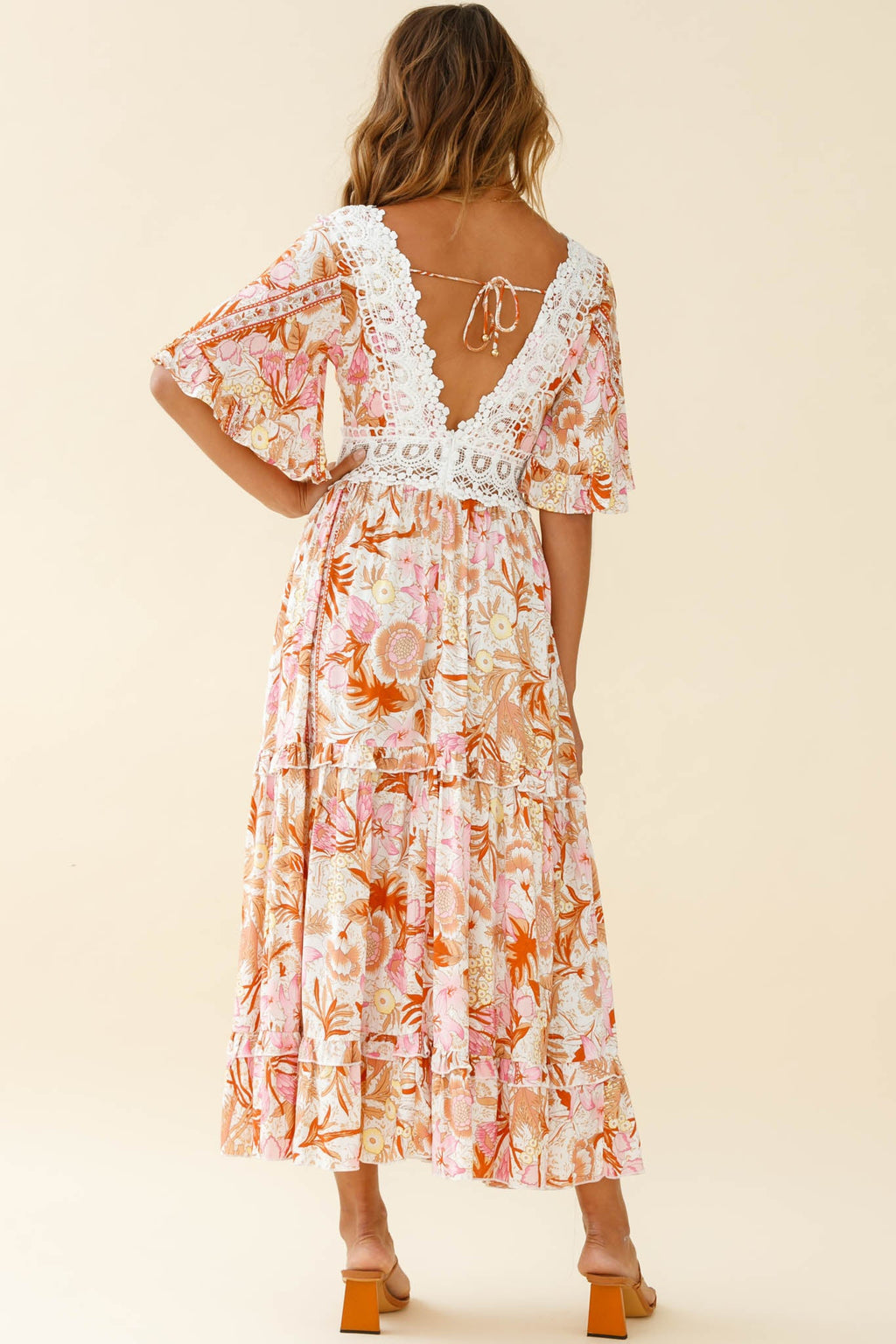 Indio Crochet Insert Deep V-Neckline Angel Sleeve Maxi Dress Floral Print Pink by Selfie Leslie