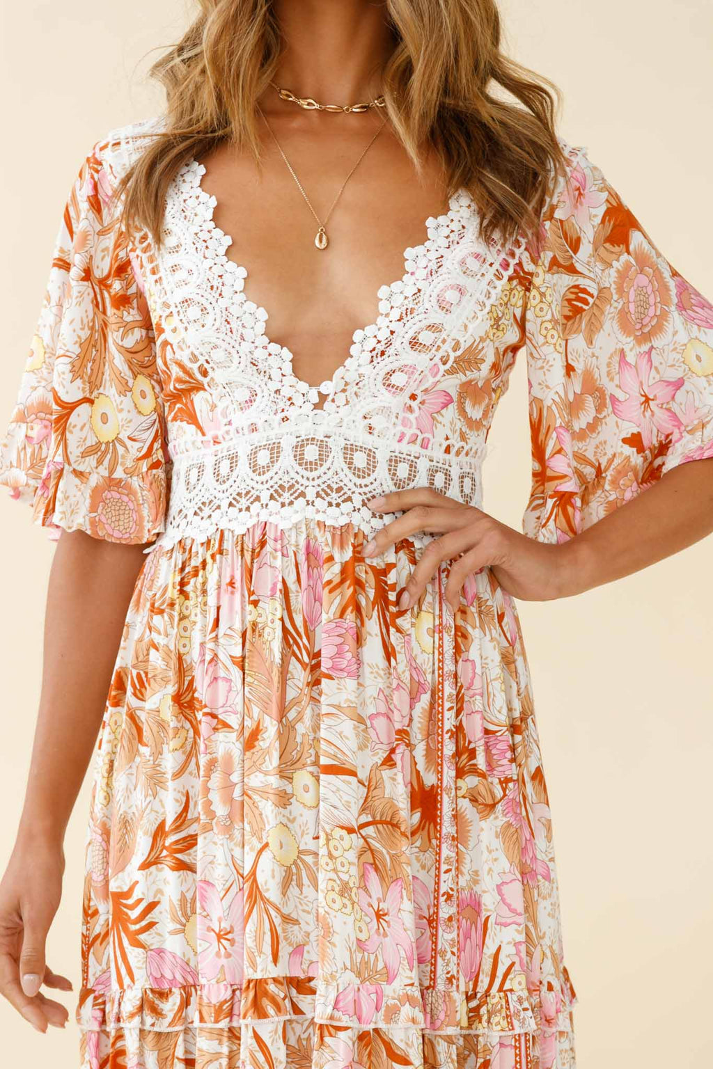 Indio Crochet Insert Deep V-Neckline Angel Sleeve Maxi Dress Floral Print Pink by Selfie Leslie