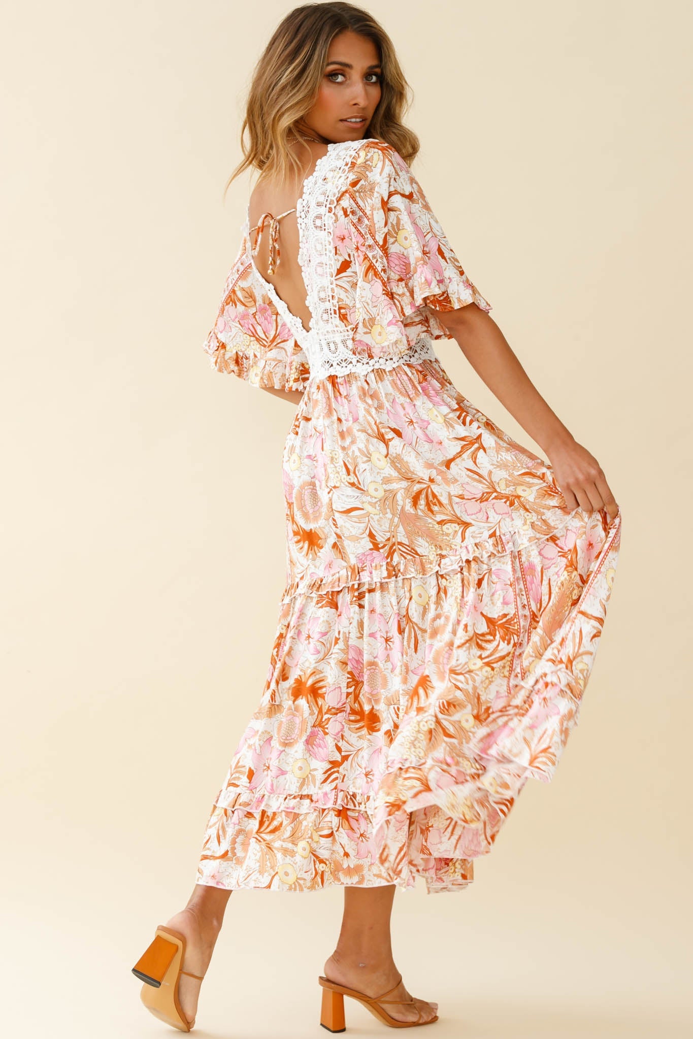 Indio Crochet Insert Deep V-Neckline Angel Sleeve Maxi Dress Floral Print Pink by Selfie Leslie