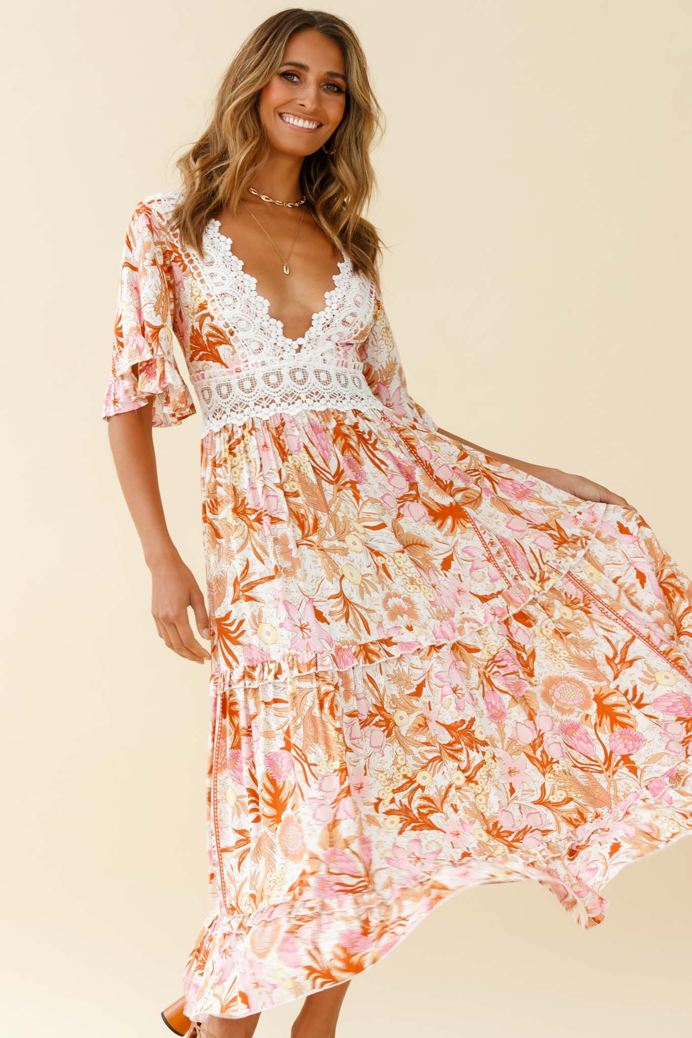 Indio Crochet Insert Deep V-Neckline Angel Sleeve Maxi Dress Floral Print Pink by Selfie Leslie