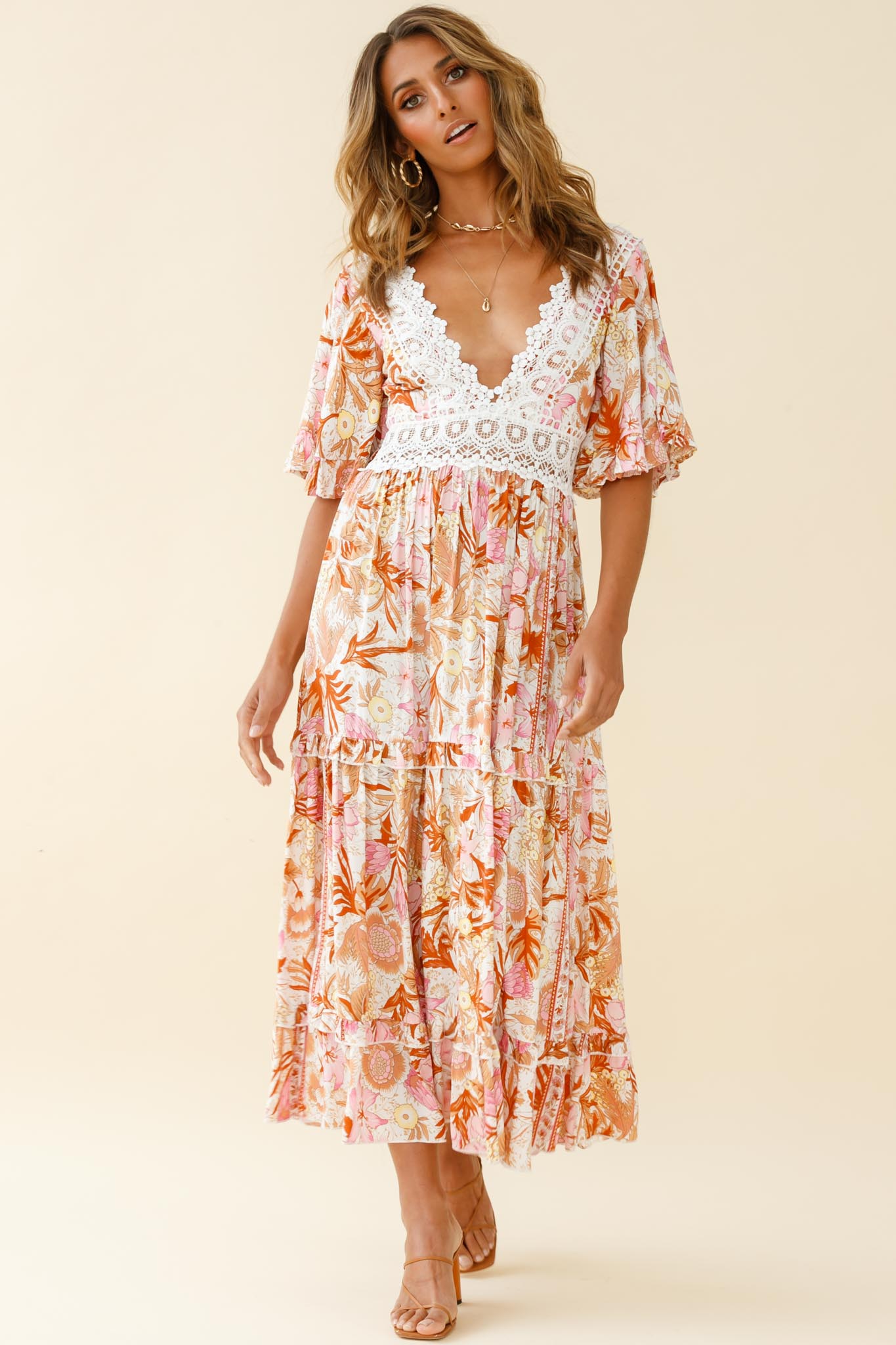 Indio Crochet Insert Deep V-Neckline Angel Sleeve Maxi Dress Floral Print Pink by Selfie Leslie
