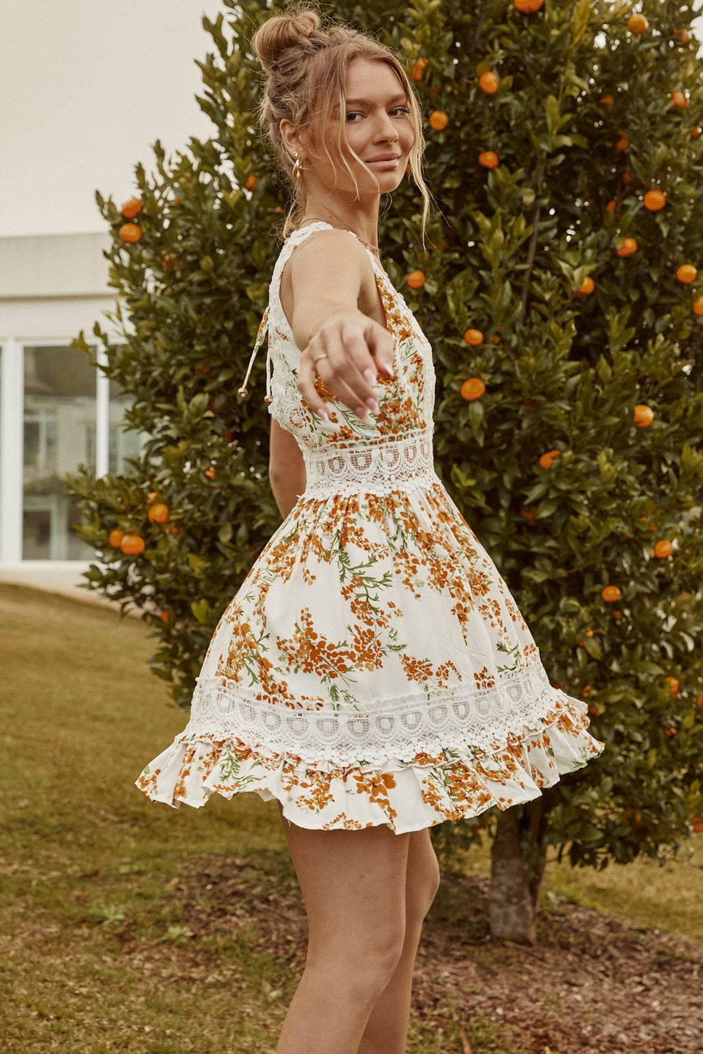 Indio Crochet Insert Deep V-Neckline Mini Dress Floral Print White/Orange by Selfie Leslie