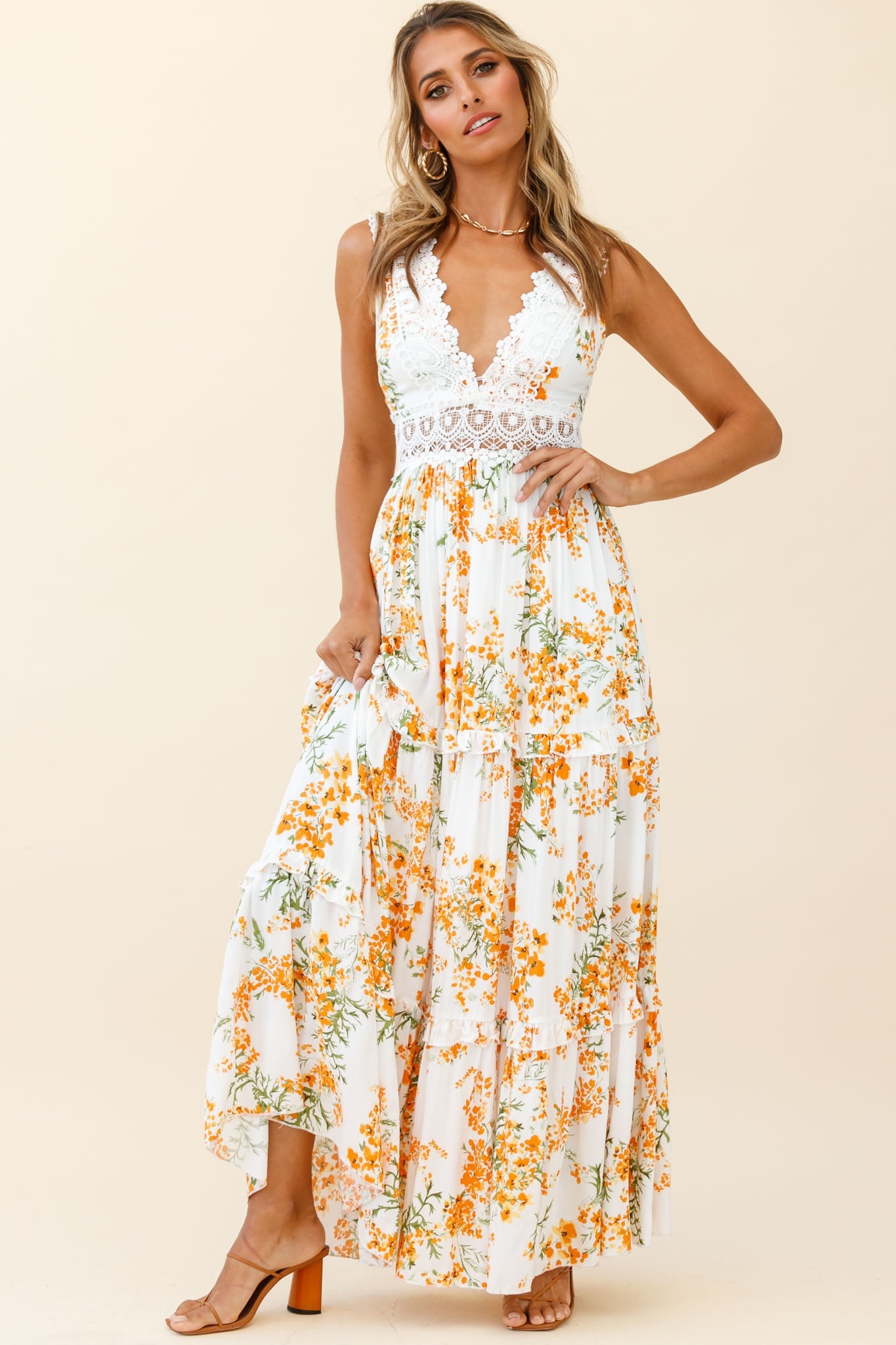 Indio Crochet Insert Deep V-Neckline Maxi Dress Floral Print White/Orange by Selfie Leslie