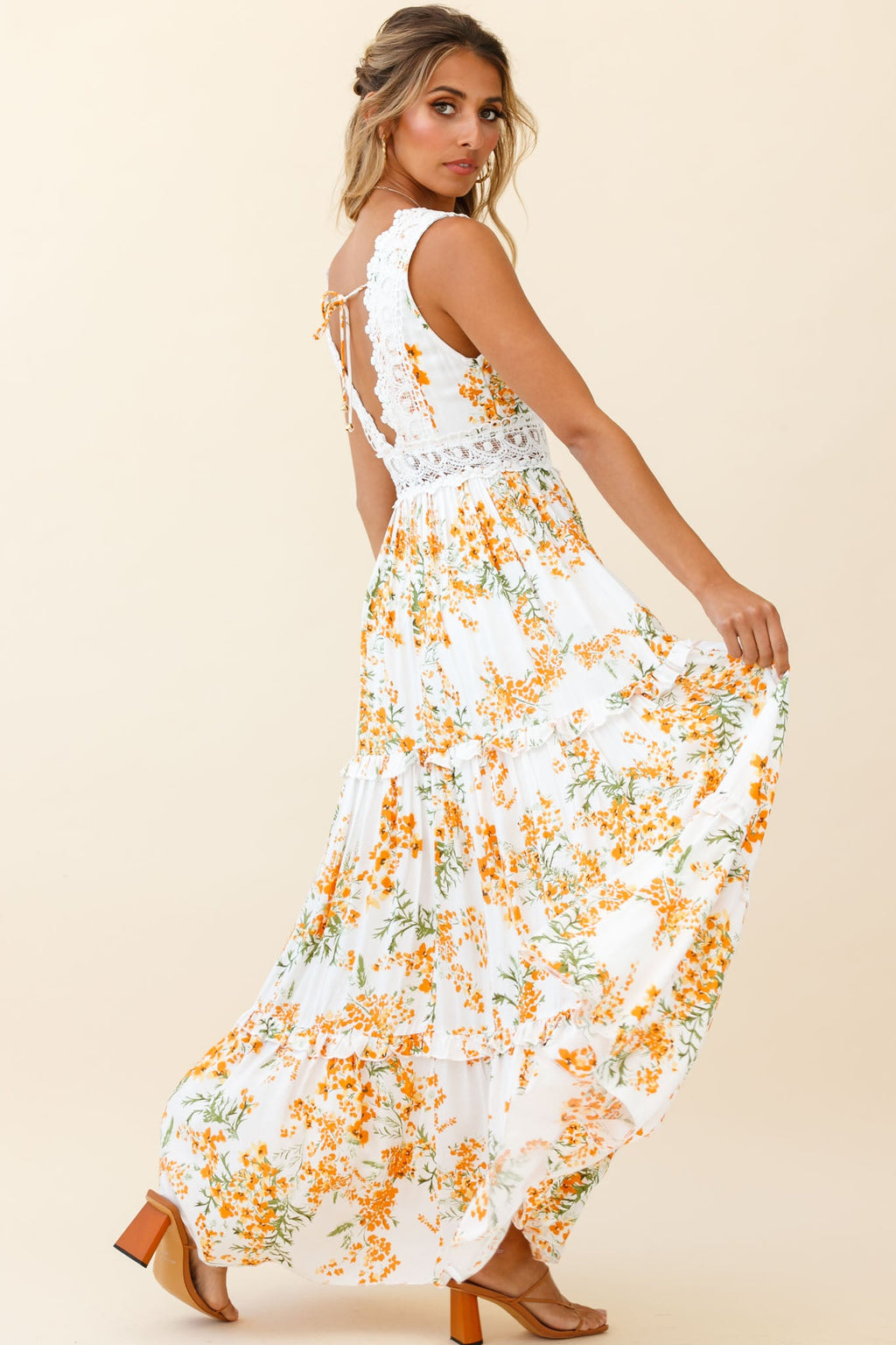 Indio Crochet Insert Deep V-Neckline Maxi Dress Floral Print White/Orange by Selfie Leslie