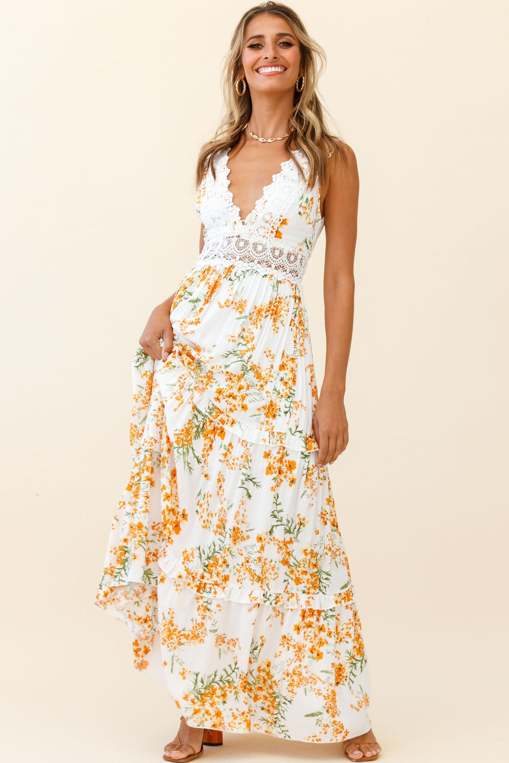 Indio Crochet Insert Deep V-Neckline Maxi Dress Floral Print White/Orange by Selfie Leslie