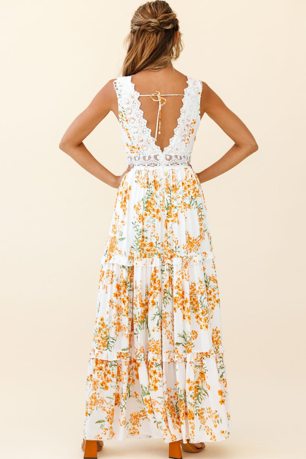 Indio Crochet Insert Deep V-Neckline Maxi Dress Floral Print White/Orange by Selfie Leslie