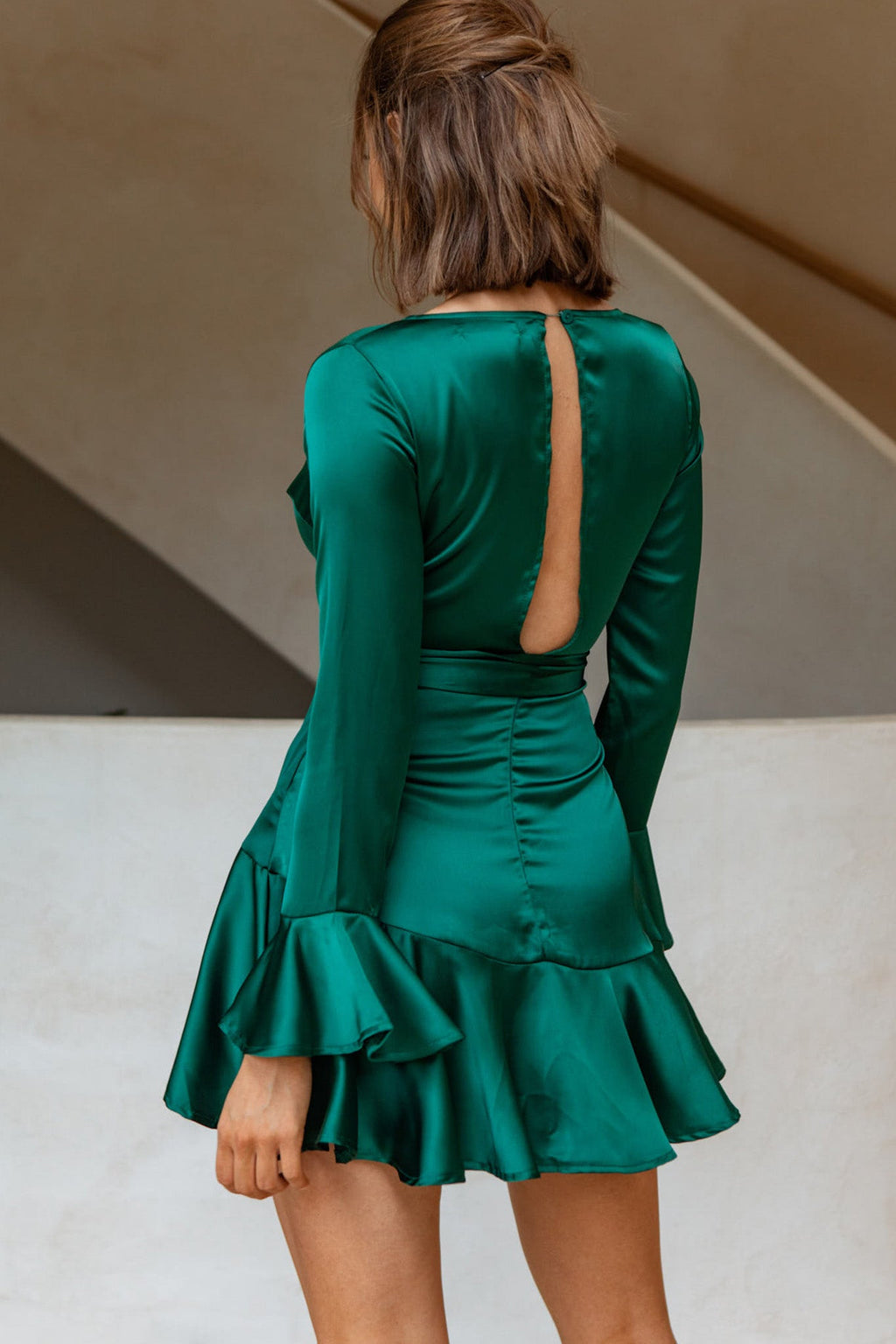 Khandi Long Sleeve Ruffle Wrap Dress Jade by Selfie Leslie