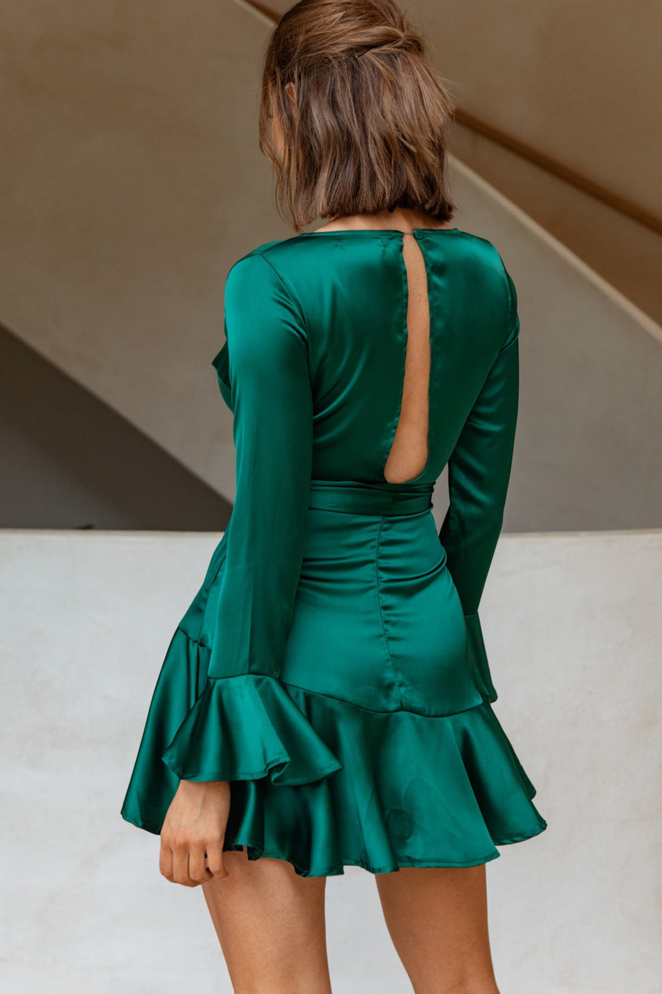 Khandi Long Sleeve Ruffle Wrap Dress Jade by Selfie Leslie