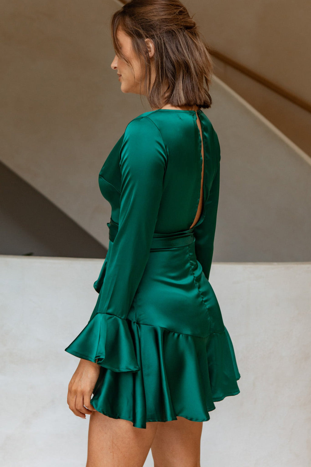 Khandi Long Sleeve Ruffle Wrap Dress Jade by Selfie Leslie
