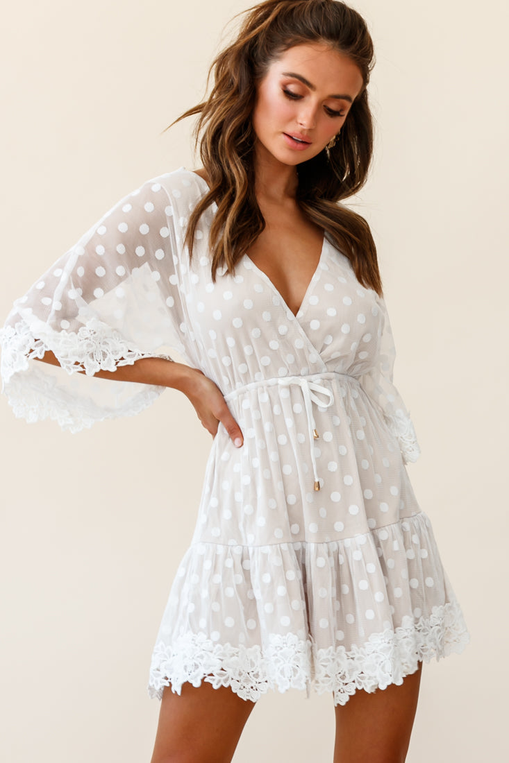 Dream On Flared Sleeve Lace Trim Polka Dot Mesh Dress White by Selfie Leslie