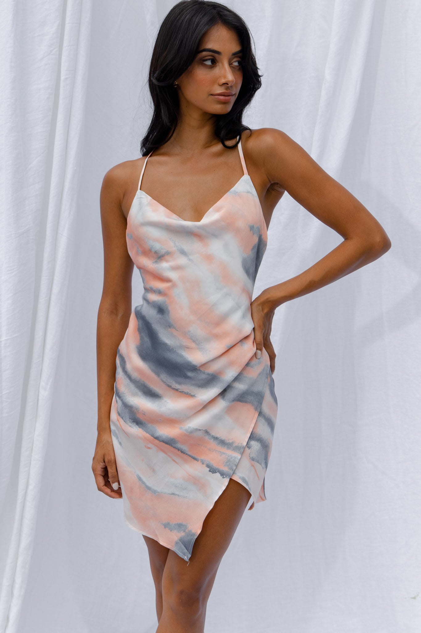 Hey Girl Cowl Neck Wrap Front Mini Dress Tie-Dye Print Multi by Selfie Leslie