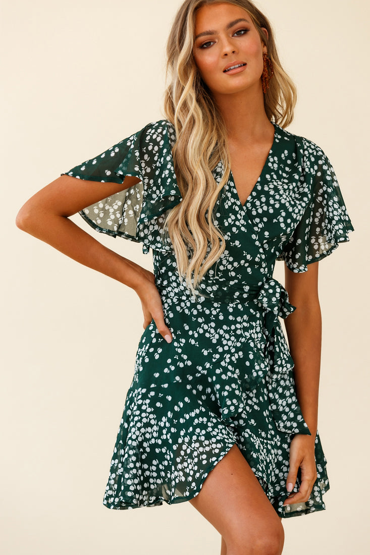 Cami Angel Sleeve Faux Wrap Dress Flower Print Forest Green by Selfie Leslie