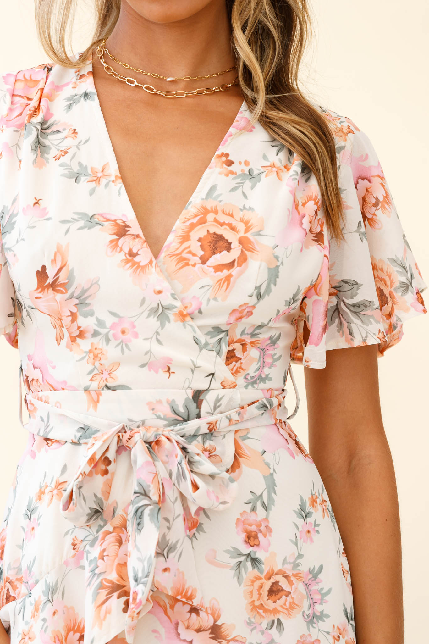 Cami Angel Sleeve Faux Wrap Dress Rose Print Pink by Selfie Leslie