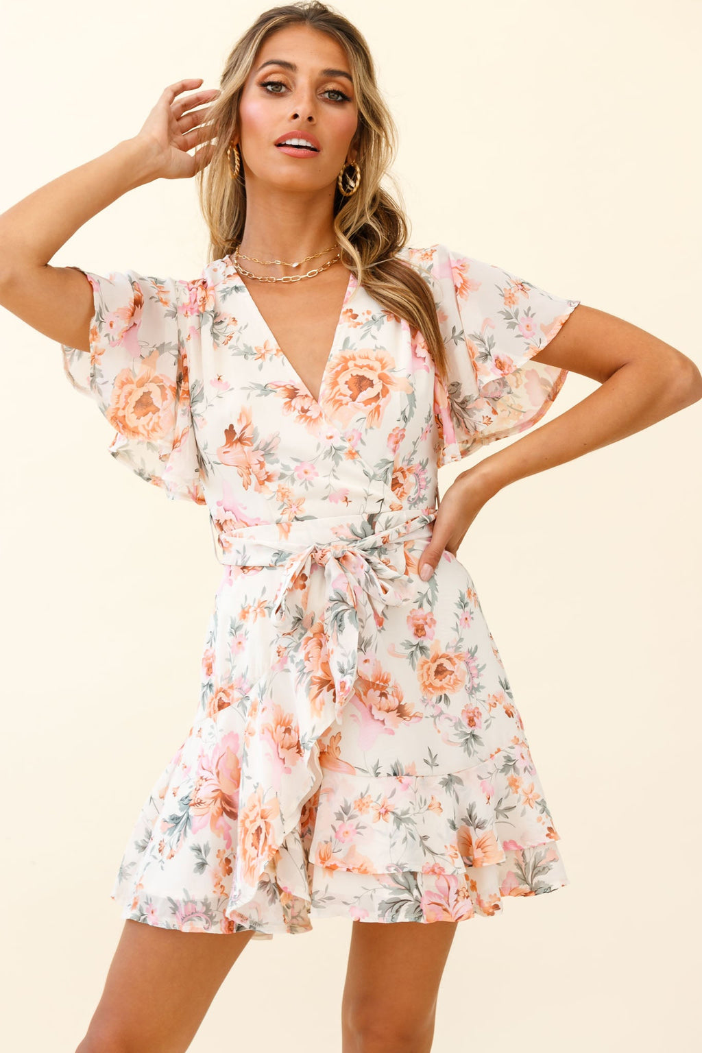 Cami Angel Sleeve Faux Wrap Dress Rose Print Pink by Selfie Leslie