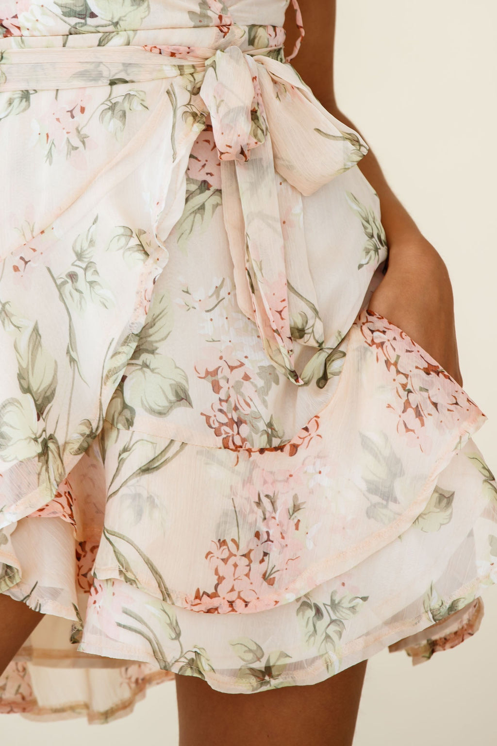 Cami Angel Sleeve Faux Wrap Dress Hydrangea Print Nude by Selfie Leslie
