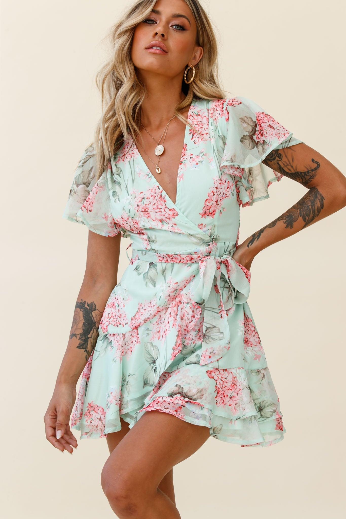 Cami Angel Sleeve Faux Wrap Dress Hydrangea Print Mint/Pink by Selfie Leslie