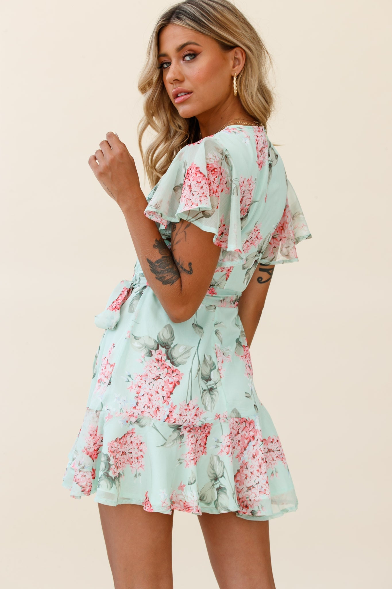 Cami Angel Sleeve Faux Wrap Dress Hydrangea Print Mint/Pink by Selfie Leslie