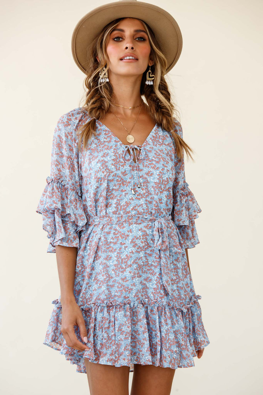 Forever Sunshine Flared Sleeve Waist Tie Dress Floral Print Blue by Selfie Leslie