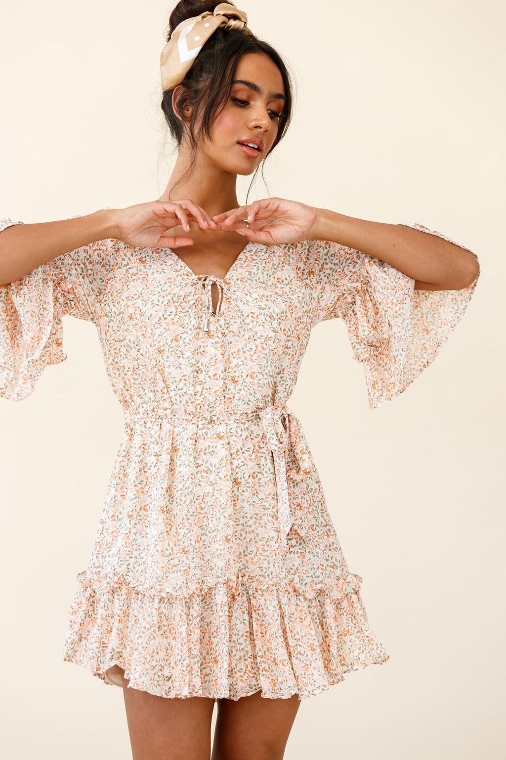 Forever Sunshine Flared Sleeve Waist Tie Dress Floral Print Nude by Selfie Leslie