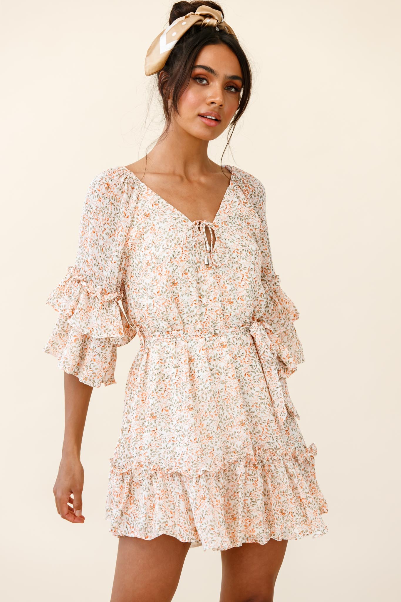 Forever Sunshine Flared Sleeve Waist Tie Dress Floral Print Nude by Selfie Leslie