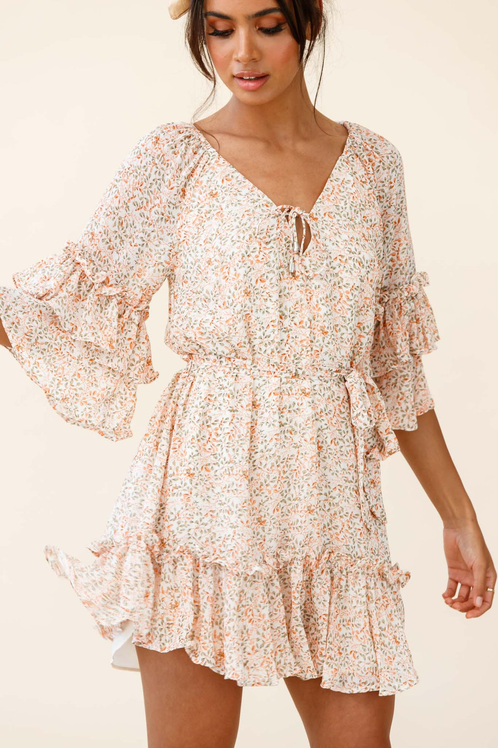 Forever Sunshine Flared Sleeve Waist Tie Dress Floral Print Nude by Selfie Leslie