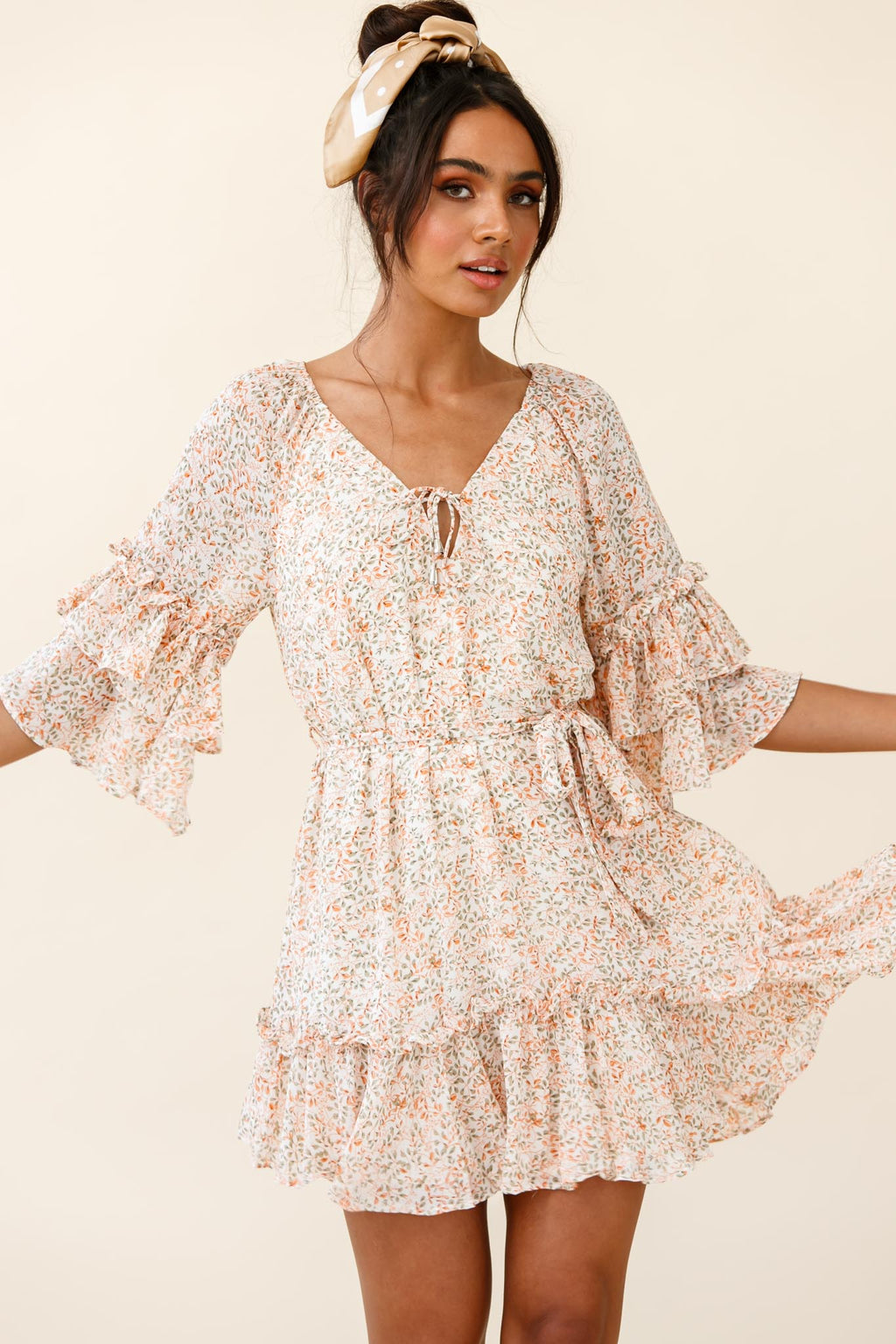 Forever Sunshine Flared Sleeve Waist Tie Dress Floral Print Nude by Selfie Leslie