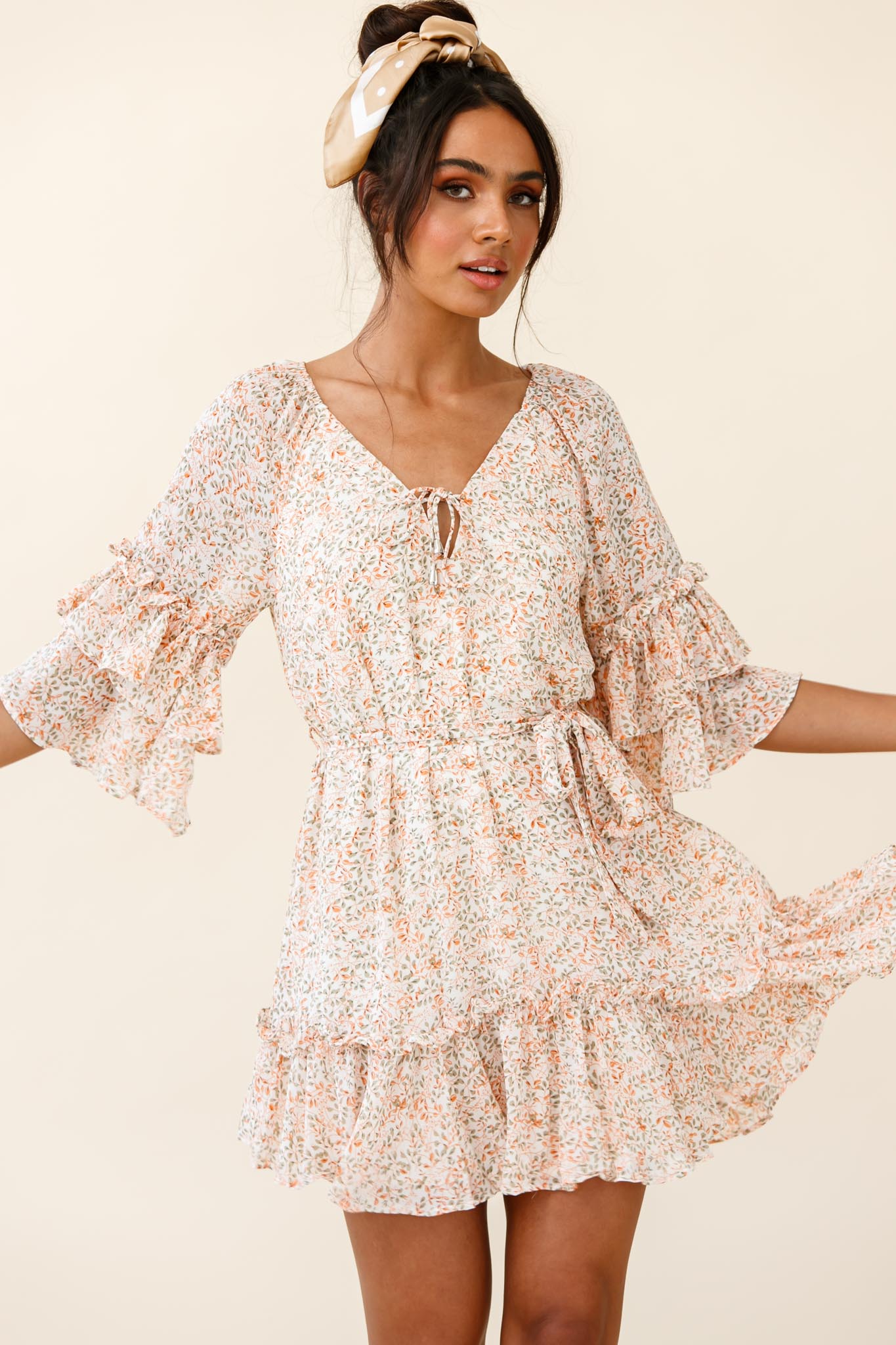 Forever Sunshine Flared Sleeve Waist Tie Dress Floral Print Nude by Selfie Leslie