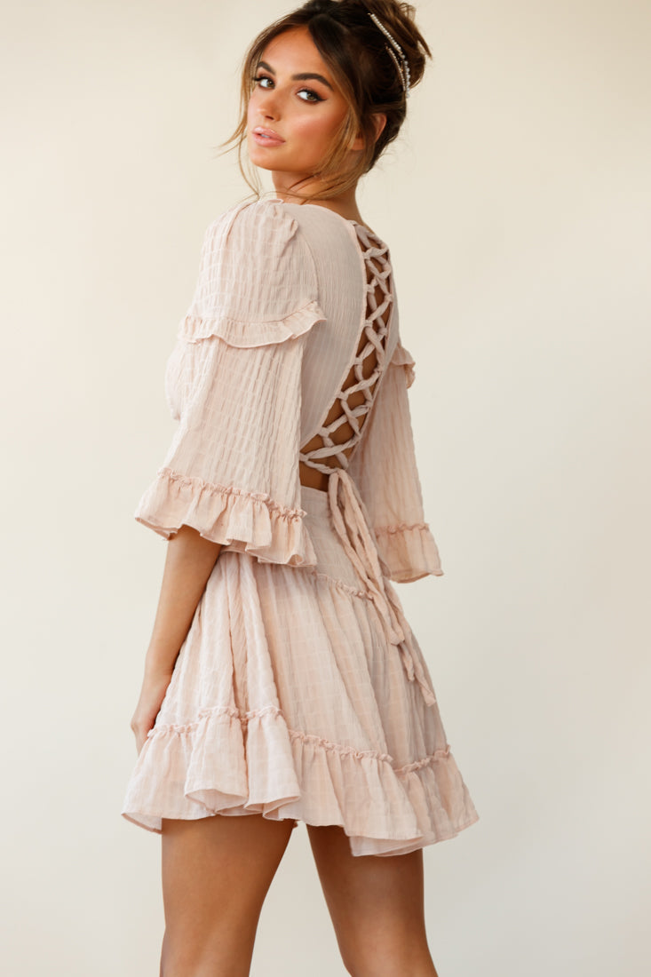 Albany Lace Up Back Frill Dress Shirred Beige by Selfie Leslie