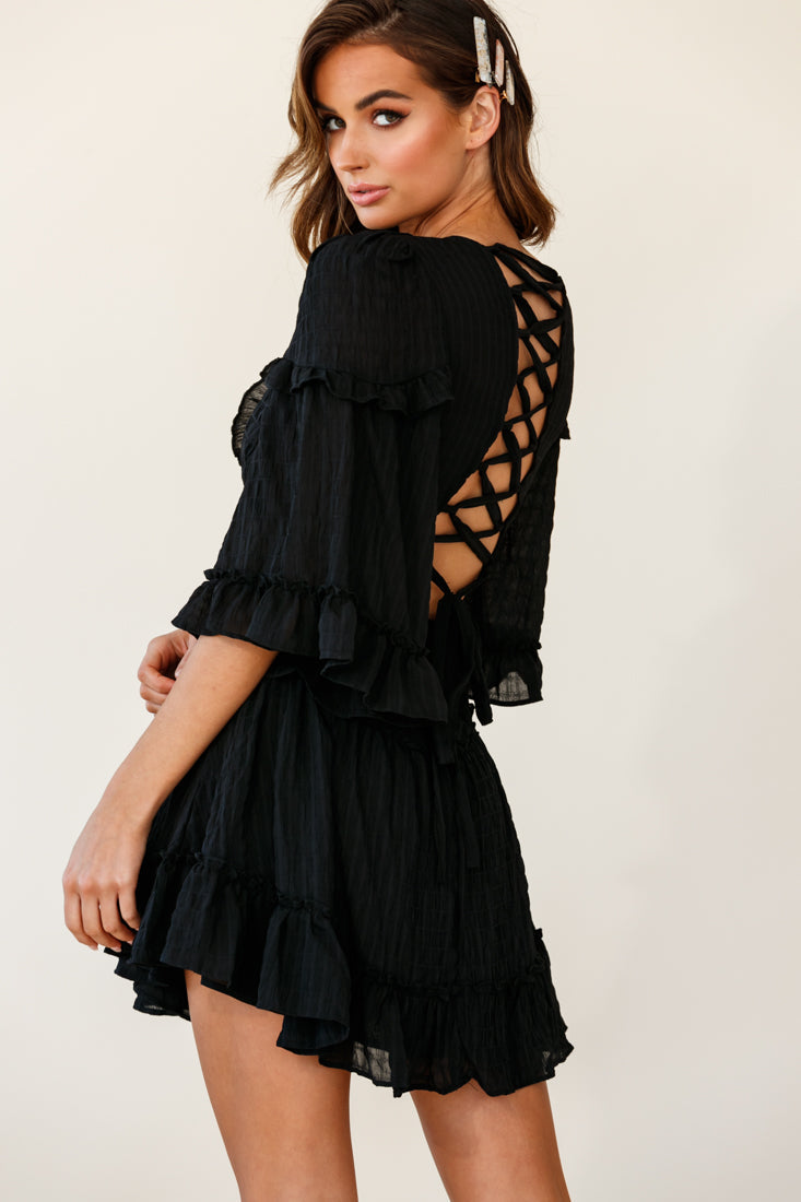 Albany Lace Up Back Frill Dress Shirred Black by Selfie Leslie