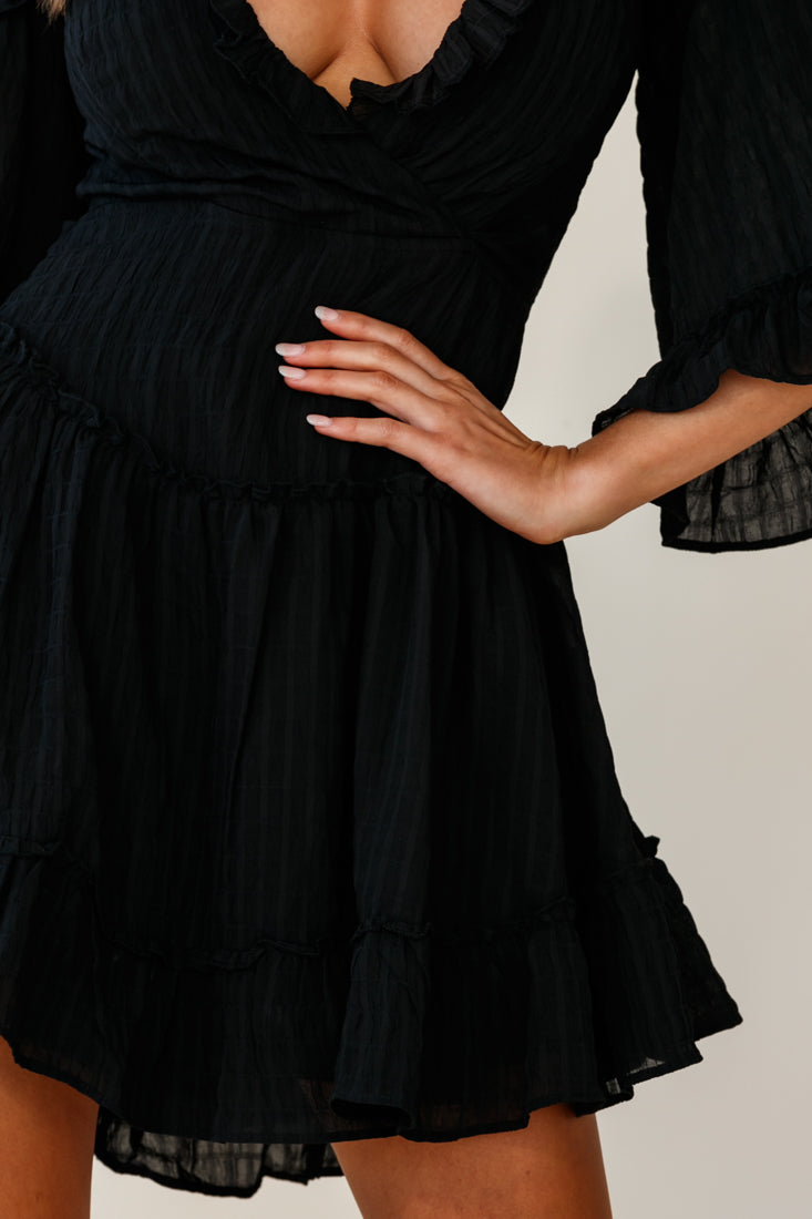 Albany Lace Up Back Frill Dress Shirred Black by Selfie Leslie
