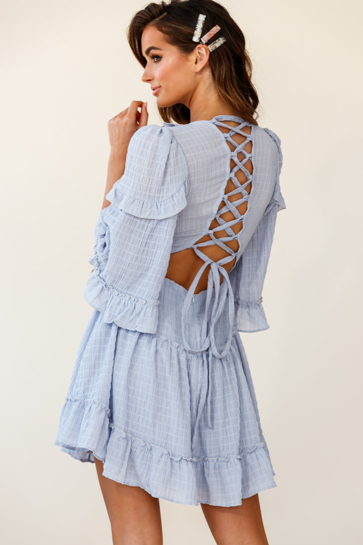 Albany Lace Up Back Frill Dress Shirred Grey by Selfie Leslie