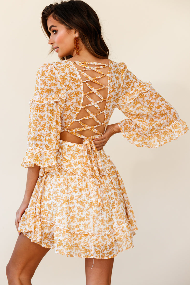 Albany Lace Up Back Frill Dress Floral Print Mustard by Selfie Leslie