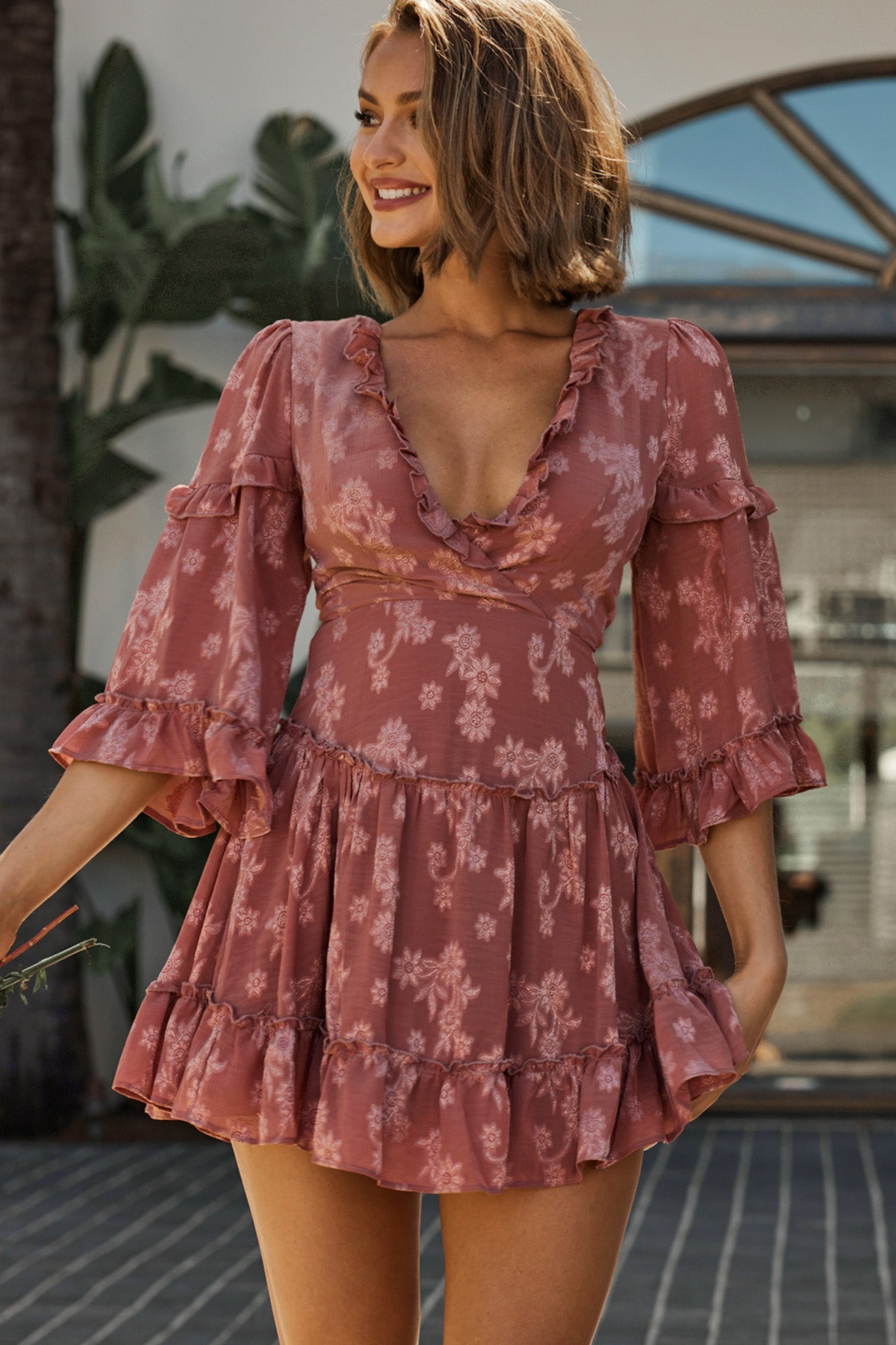 Albany Lace Up Back Frill Dress Flower Print Rose by Selfie Leslie
