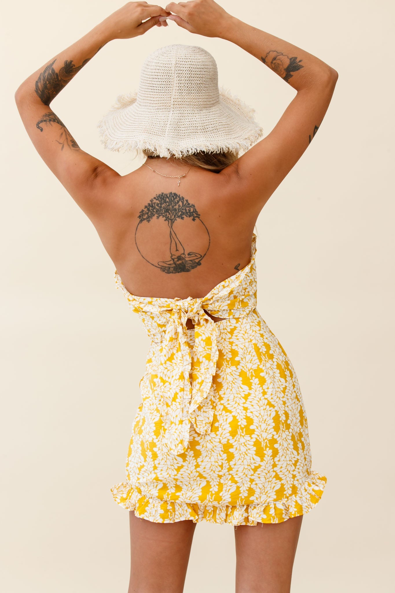 Dollface Bandeau Ruffle Detail Mini Dress Leaf Print Yellow by Selfie Leslie