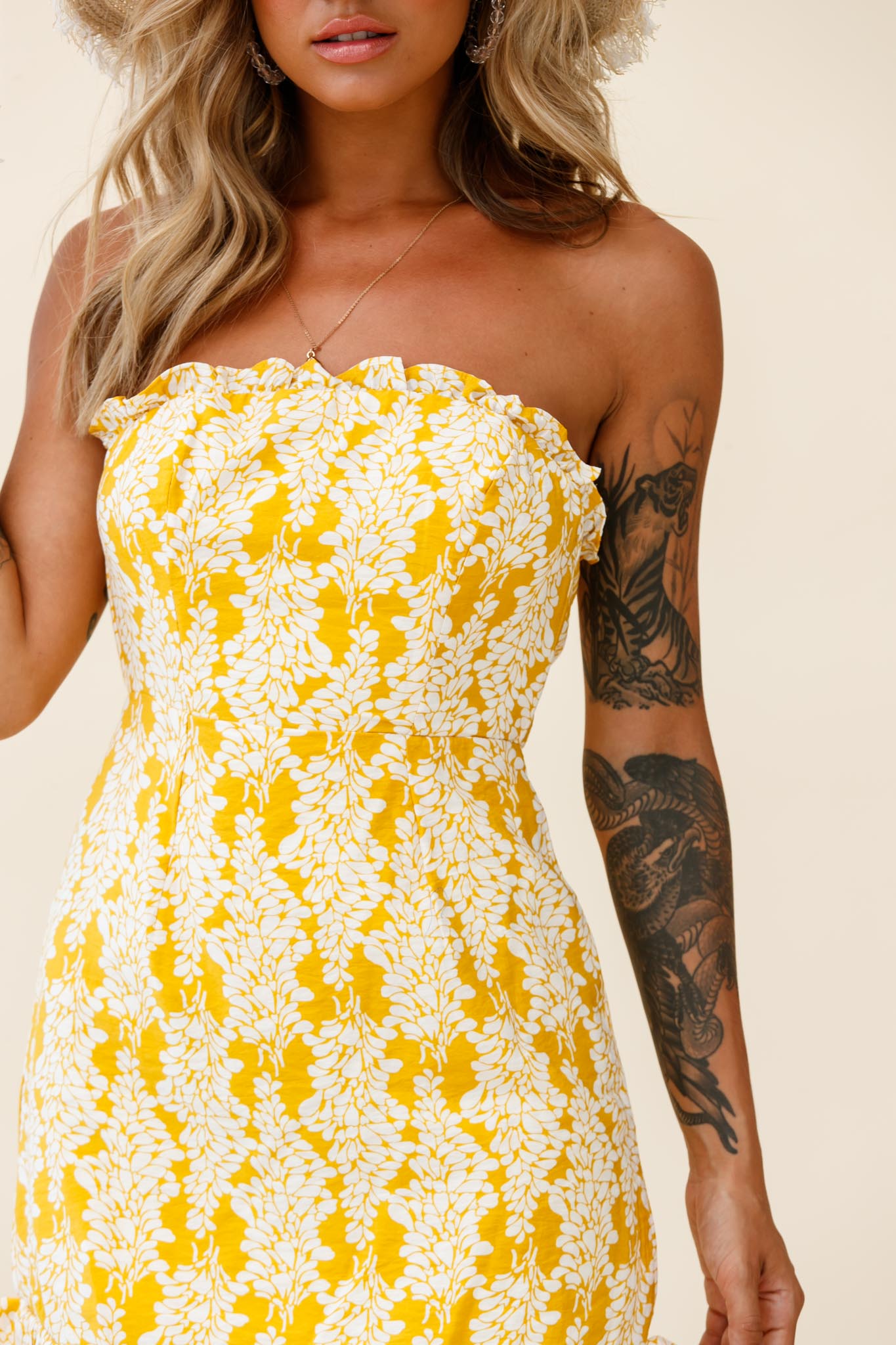 Dollface Bandeau Ruffle Detail Mini Dress Leaf Print Yellow by Selfie Leslie