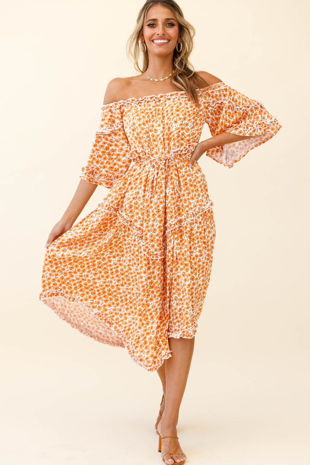 Renoir Off-Shoulder Frill Trim Dress Floral Print Orange by Selfie Leslie