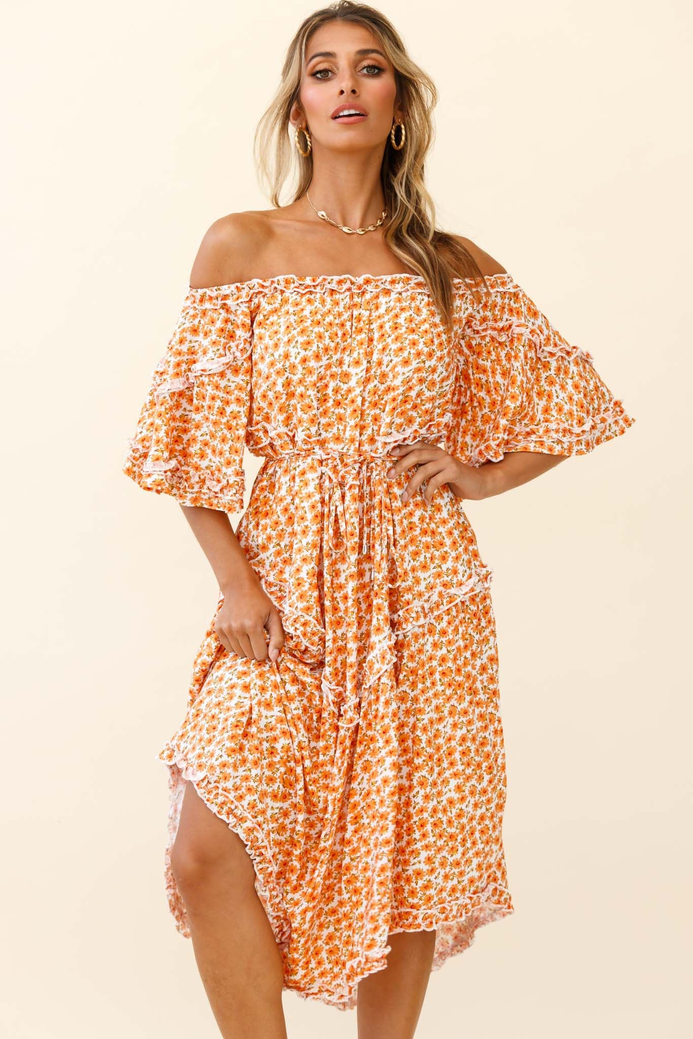 Renoir Off-Shoulder Frill Trim Dress Floral Print Orange by Selfie Leslie