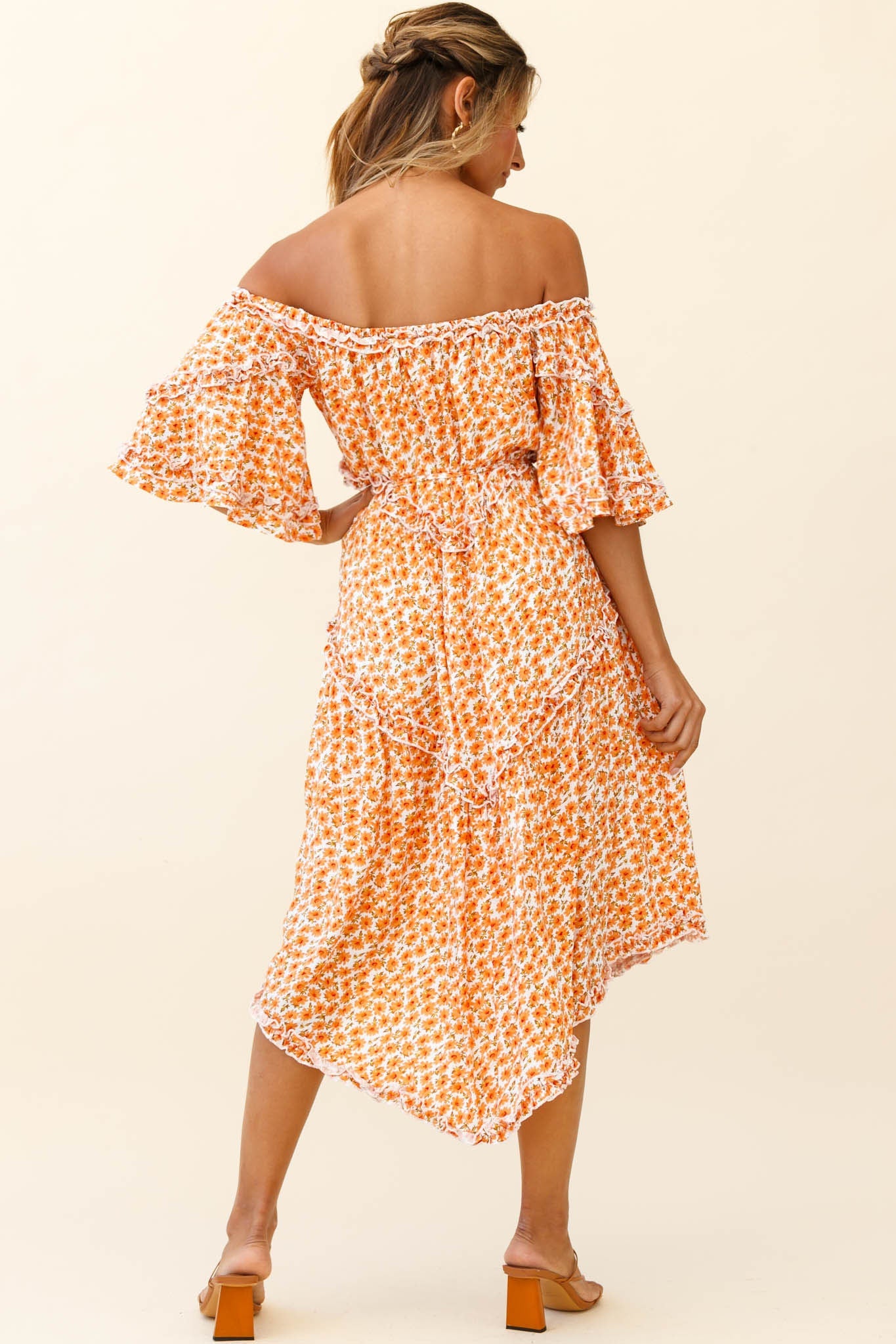 Renoir Off-Shoulder Frill Trim Dress Floral Print Orange by Selfie Leslie