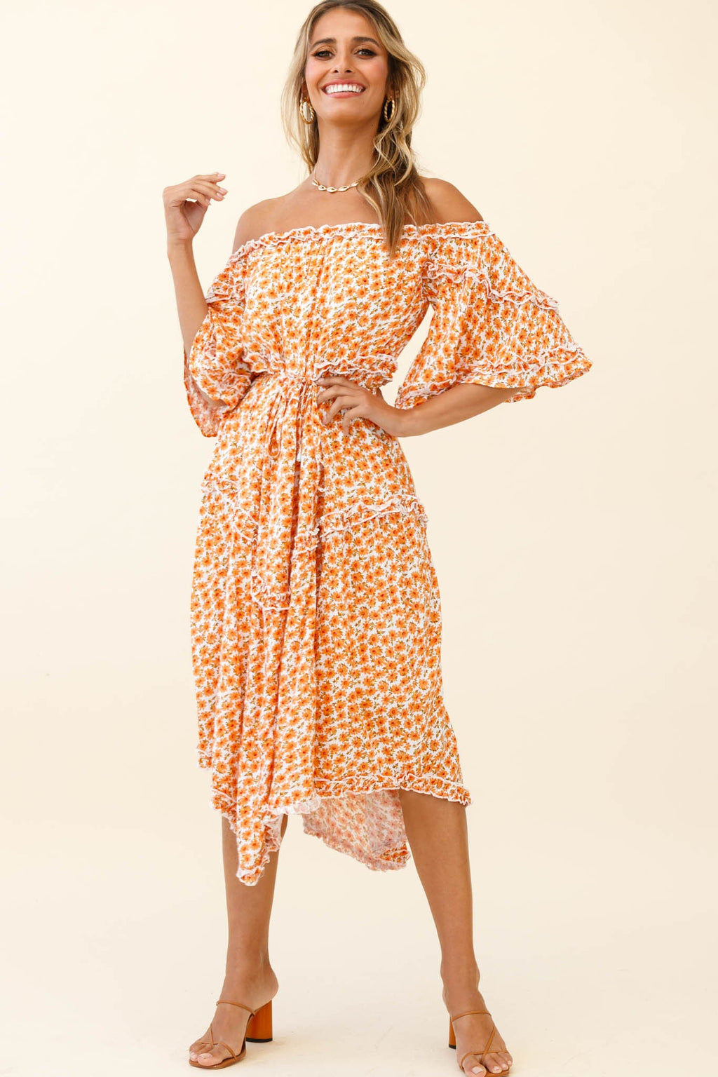 Renoir Off-Shoulder Frill Trim Dress Floral Print Orange by Selfie Leslie
