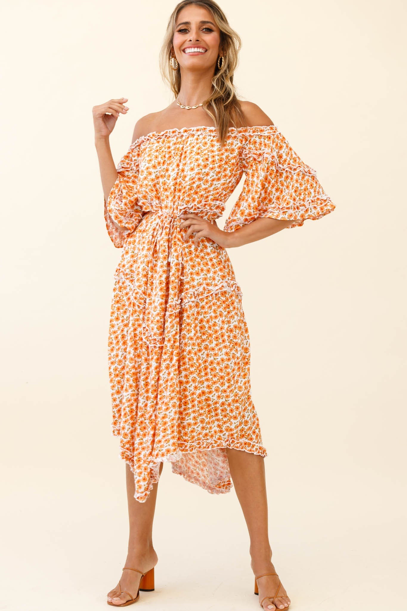 Renoir Off-Shoulder Frill Trim Dress Floral Print Orange by Selfie Leslie