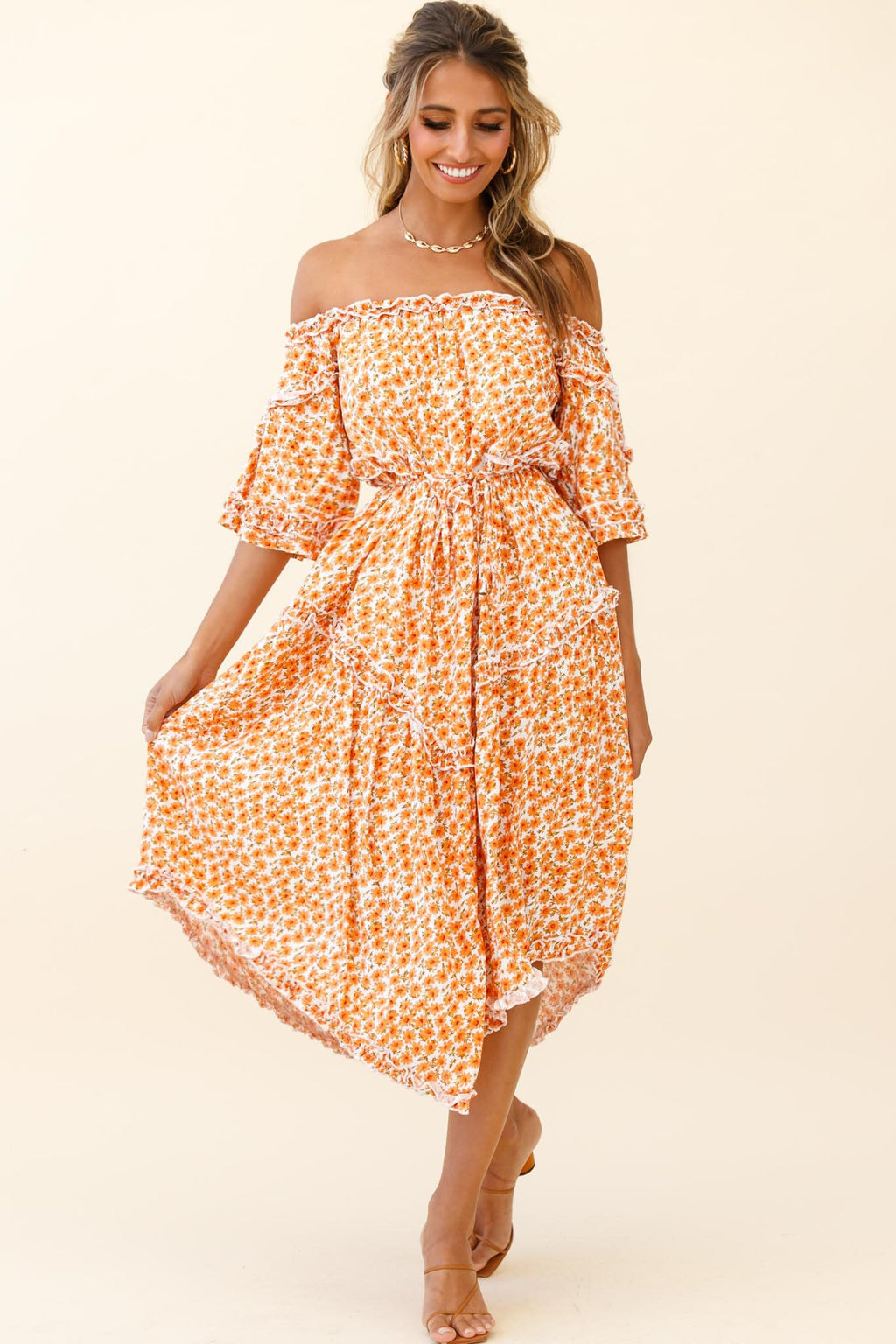Renoir Off-Shoulder Frill Trim Dress Floral Print Orange by Selfie Leslie